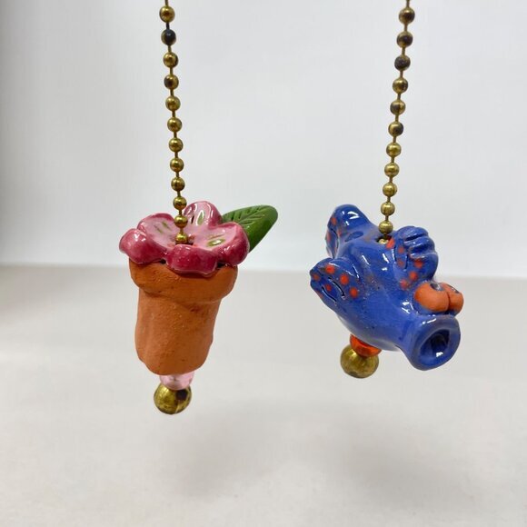 Clay Art Light Fan Pull Chain Set of 2 Fish Potted Plant Decor Artsy Painted - Picture 2 of 6